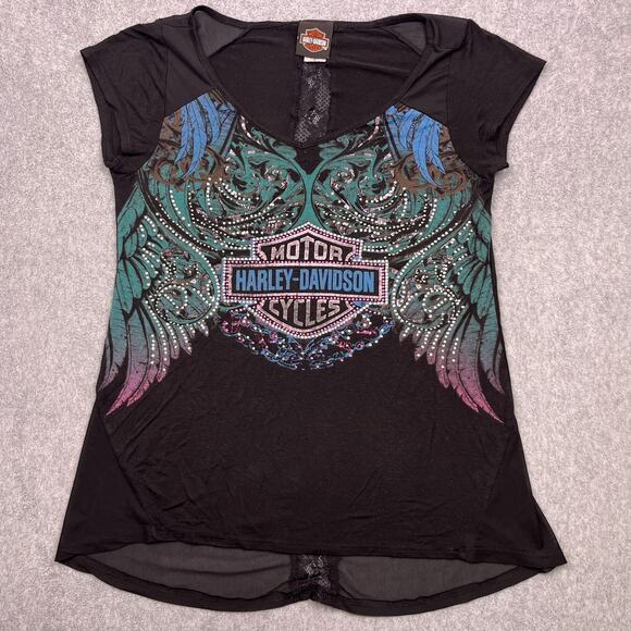 Harley-Davidson Tops - Vintage Harley-Davidson T-Shirt Womens Medium Black Rhinestones Embellished USA